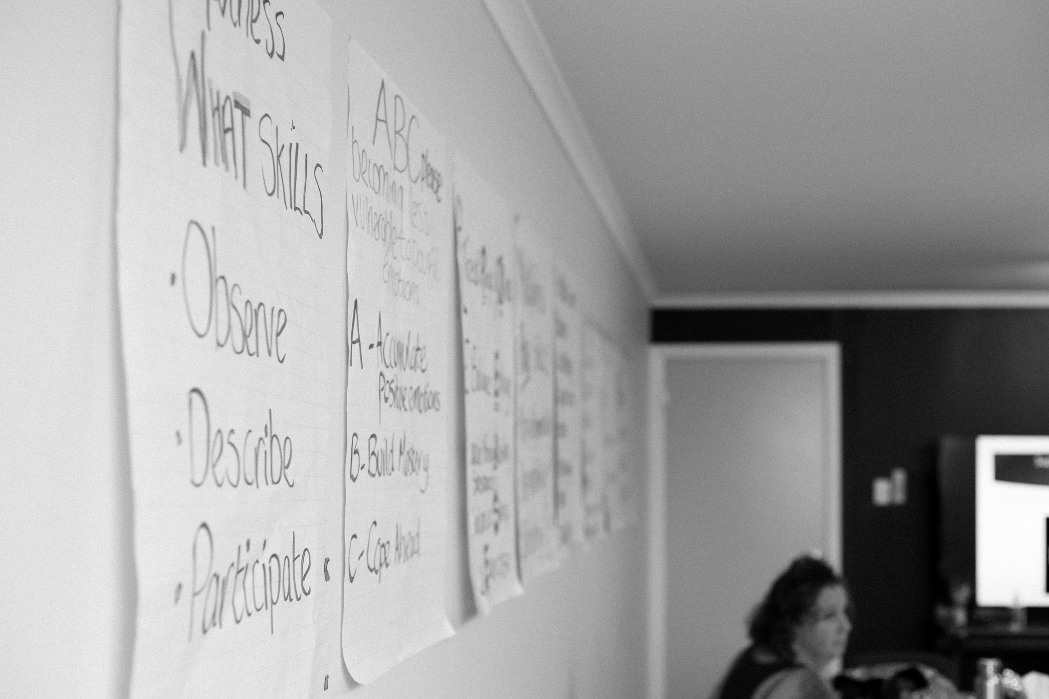 DBT skills modules covering the wall of a Life Mental Health group room — the same curriculum delivered online